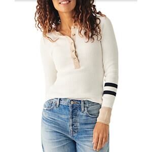FAHERTY Mikki Vtg White Sweater Striped Organic Cotton Cashmere Henley Large L